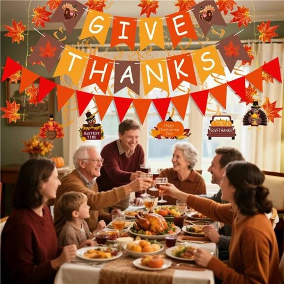 Thanksgiving Party Decorations Including Give Thanks Banner Orange Paper - Picture 7 of 8